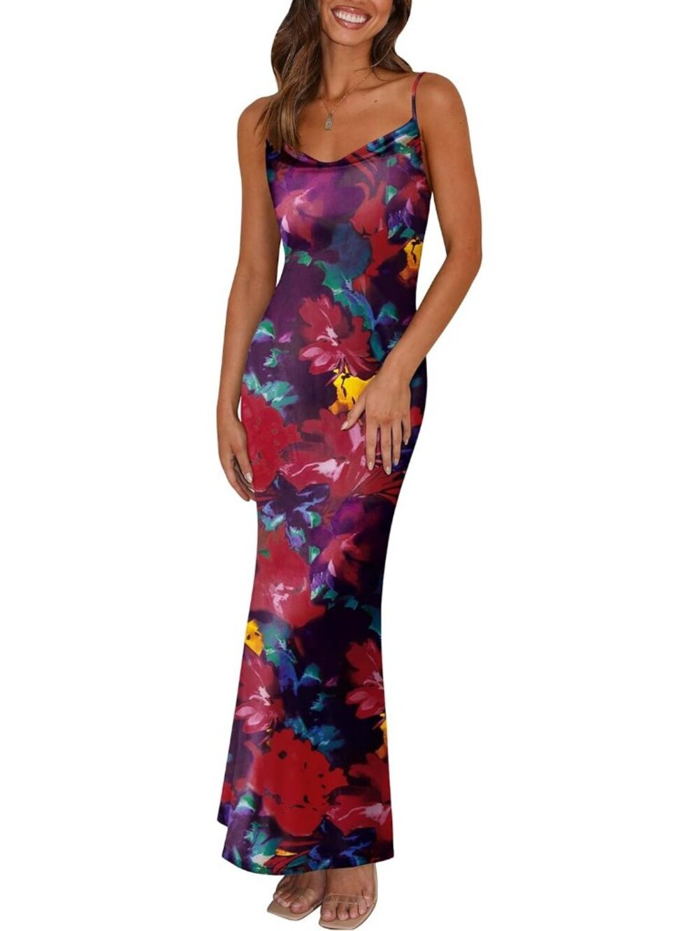 Women's Navy Red Floral Maxi Bodycon Spaghetti Strap Backless Summer Slip Dress